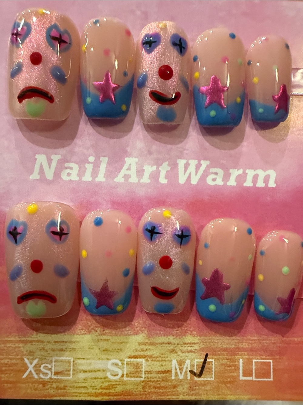 Kawaii Clown handmade acrylic Press-On Nails — Pink & Blue Star Accents